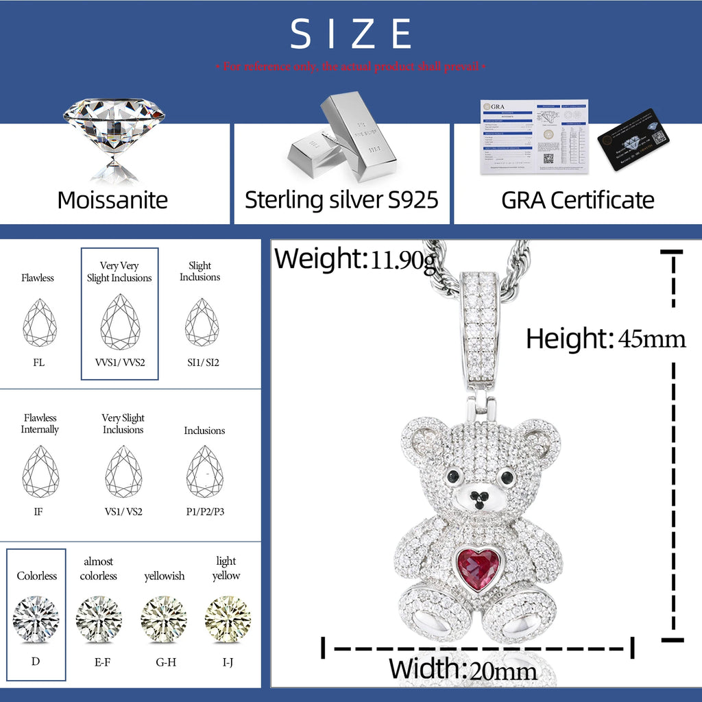 Pendente Orso Moissanite VVS - Argento 925 con Certificato
