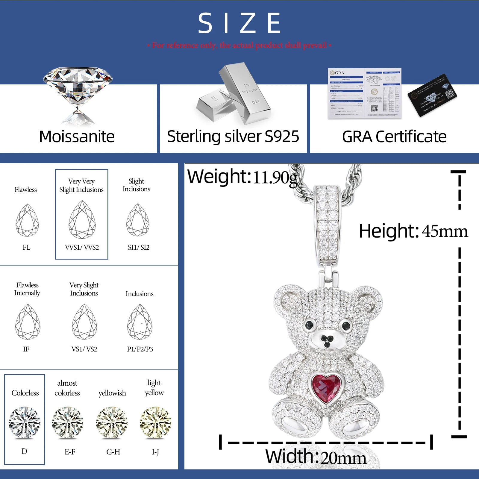 Pendente Orso Moissanite VVS - Argento 925 con Certificato